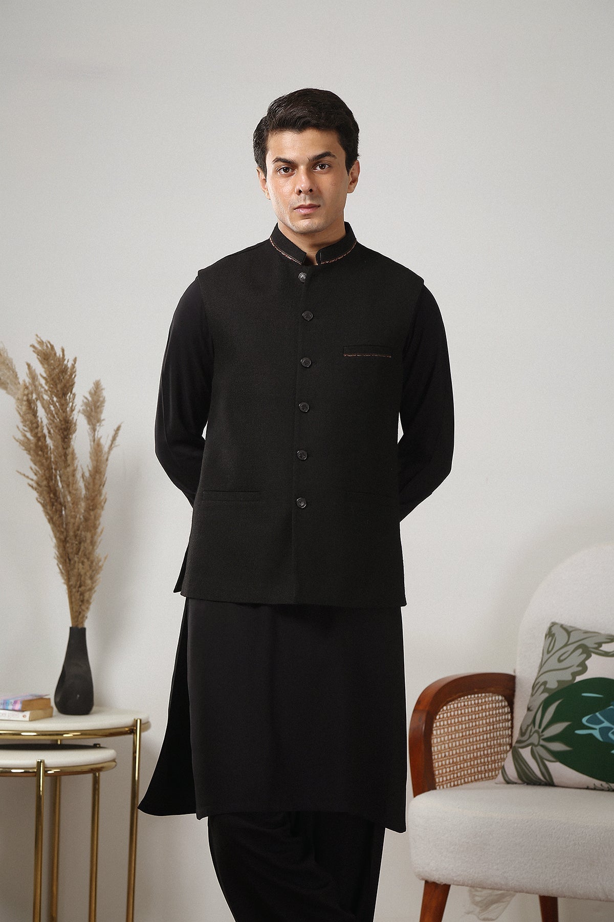 Black Contrast Embroidered Acrylic-Wool Tweed Waistcoat (3-Piece) - Image 6