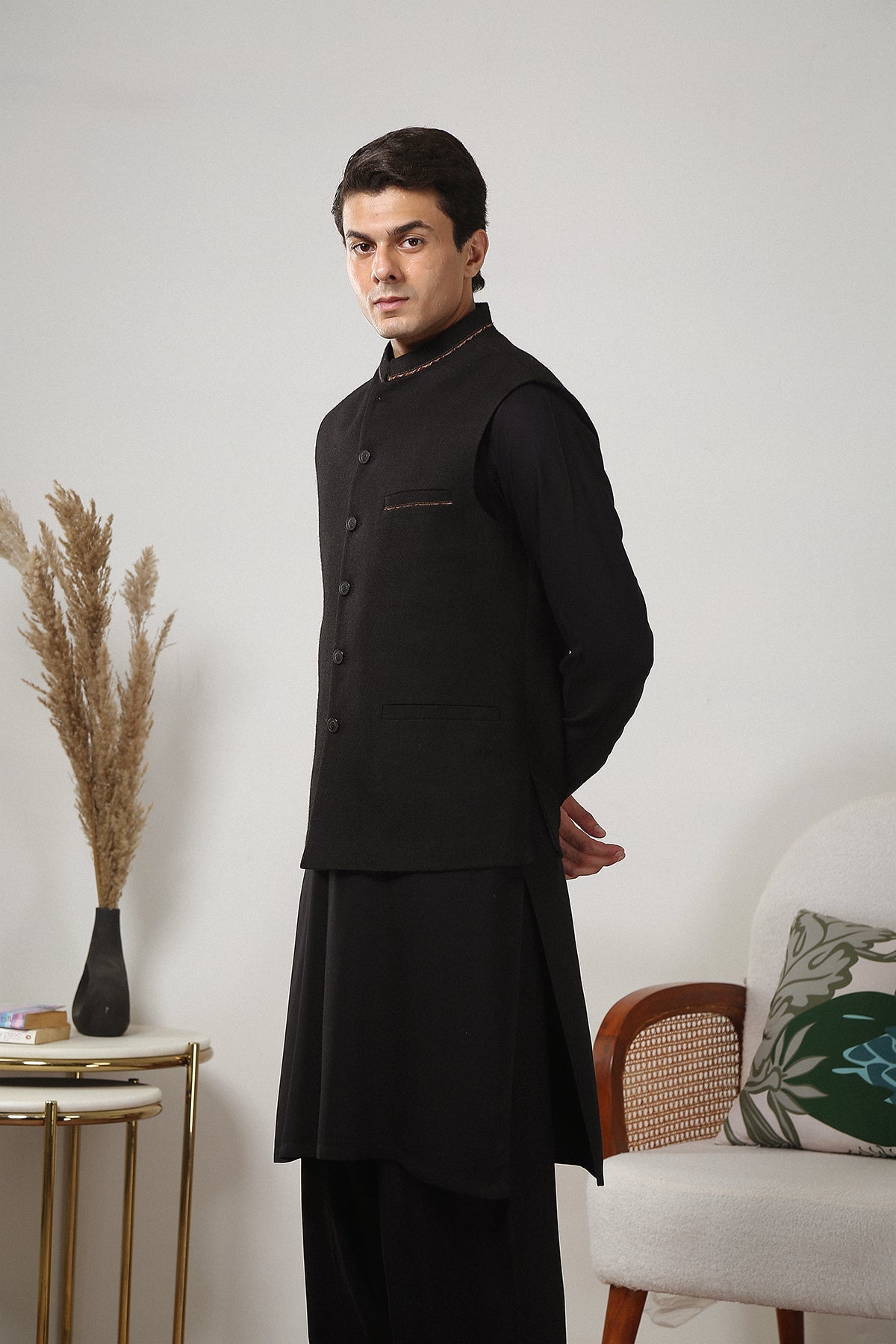 Black Contrast Embroidered Acrylic-Wool Tweed Waistcoat (3-Piece) - Image 7