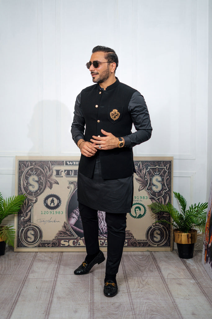 Black Embroidered Armani Waistcoat Kurta (3-Piece) - Image 1