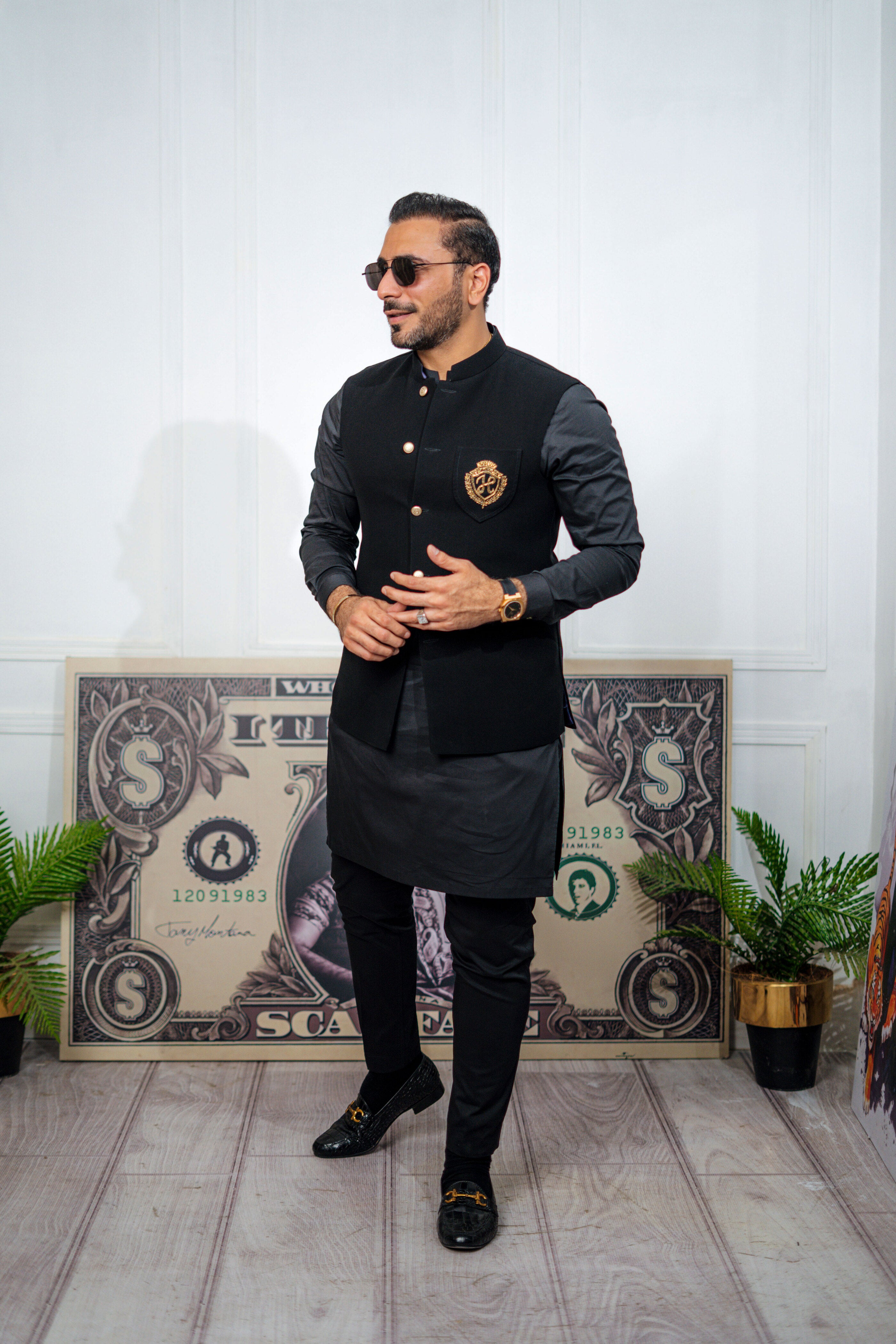 Black Embroidered Armani Waistcoat Kurta (3-Piece) - Image 2
