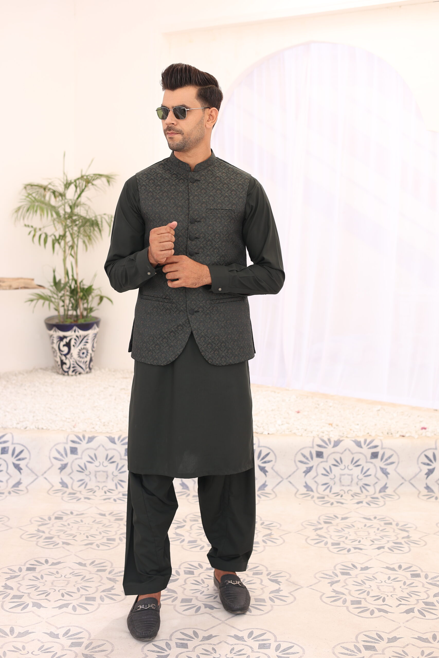 Black Woven Atlas Waistcoat Kurta Set (3-Piece) - Image 1