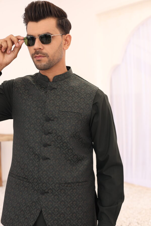 Black Woven Atlas Waistcoat Kurta Set (3-Piece) - Image 2