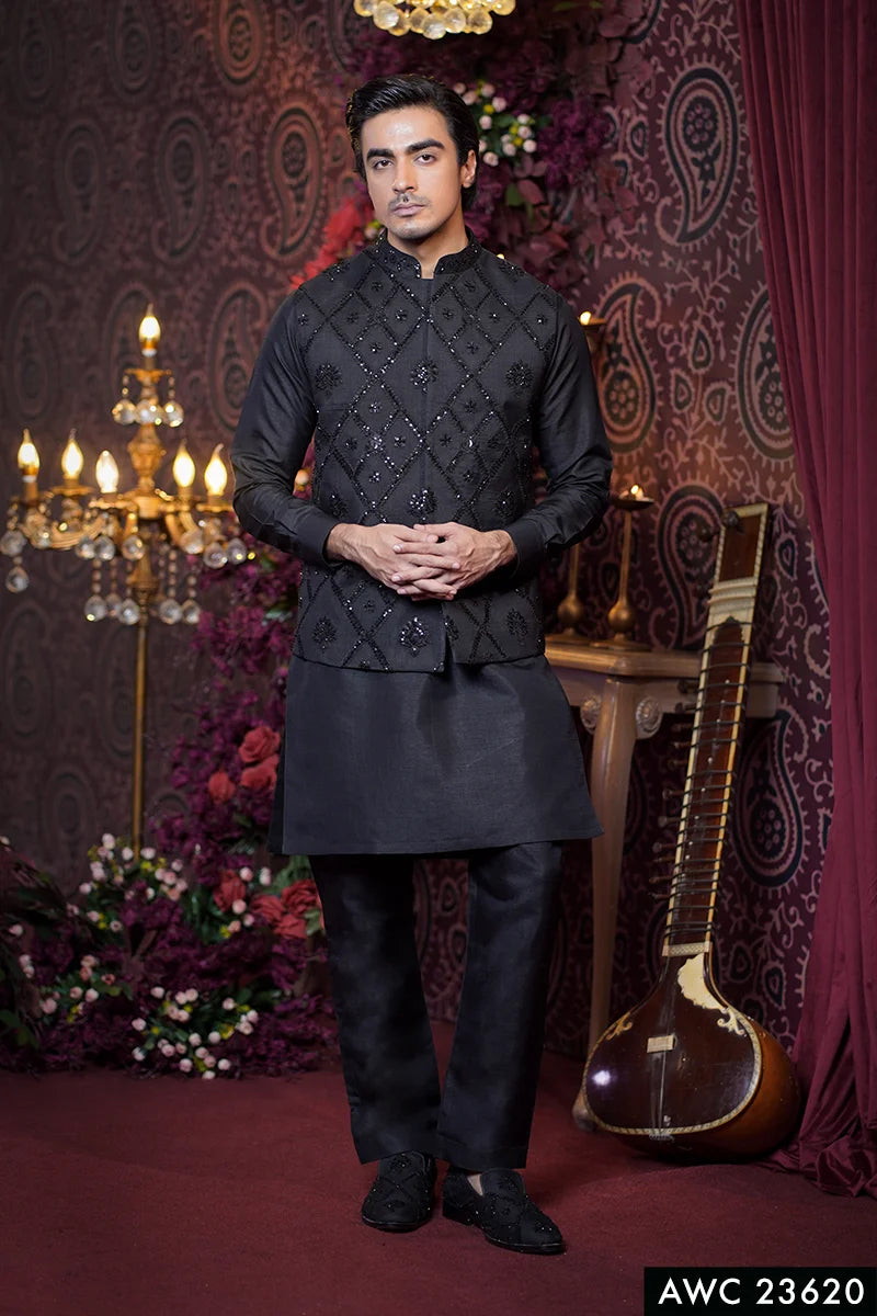 Black Embroidered Baar Silk Waistcoat Kurta Set (3-Piece) - Image 1