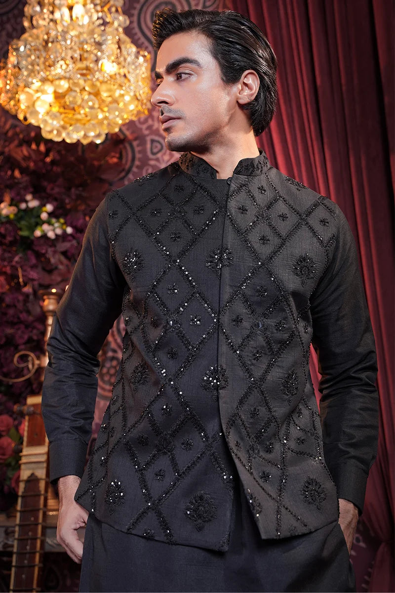 Black Embroidered Baar Silk Waistcoat Kurta Set (3-Piece) - Image 3