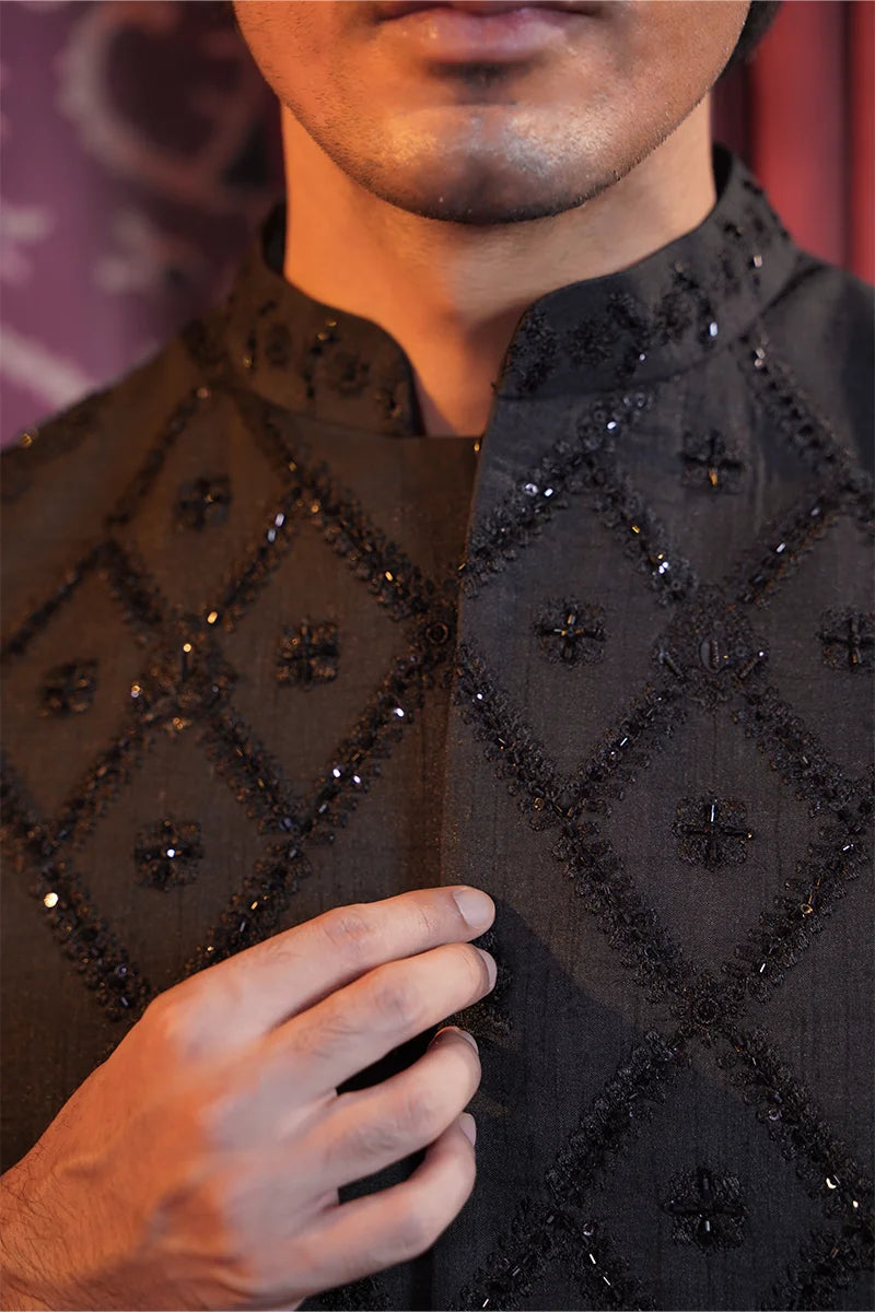 Black Embroidered Baar Silk Waistcoat Kurta Set (3-Piece) - Image 4