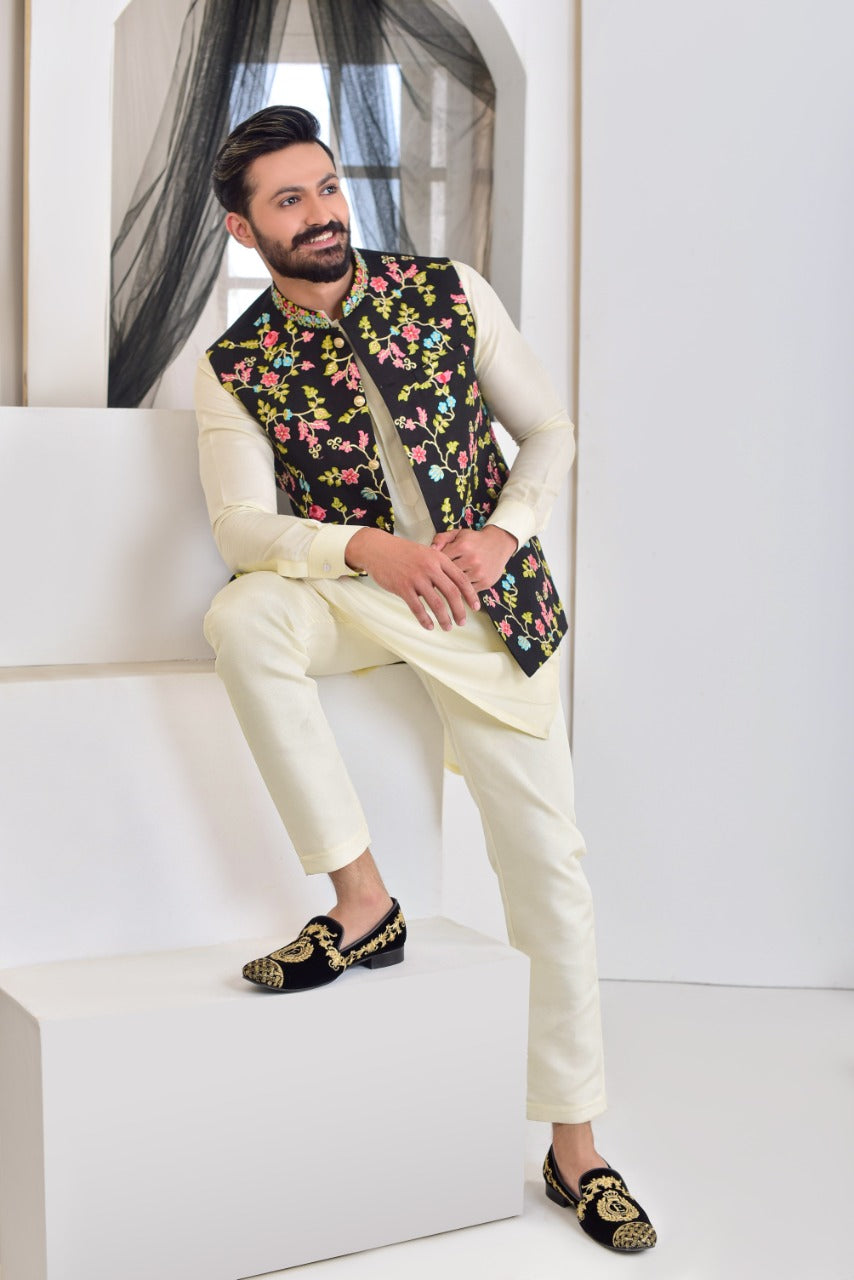 Black Multi-Colour Embroidered Cotton-Blend Waistcoat (3-Piece) - Image 1