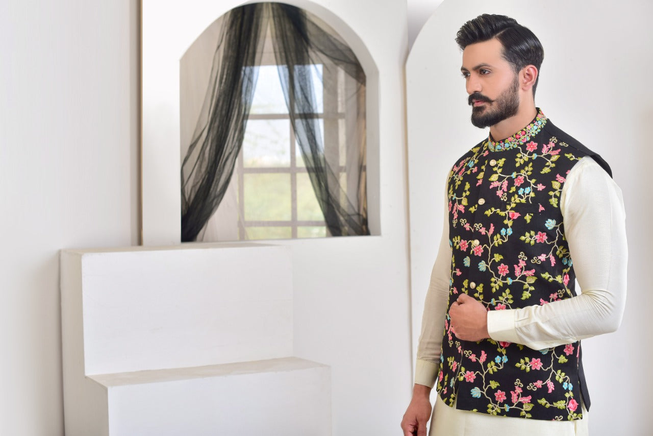 Black Multi-Colour Embroidered Cotton-Blend Waistcoat (3-Piece) - Image 2