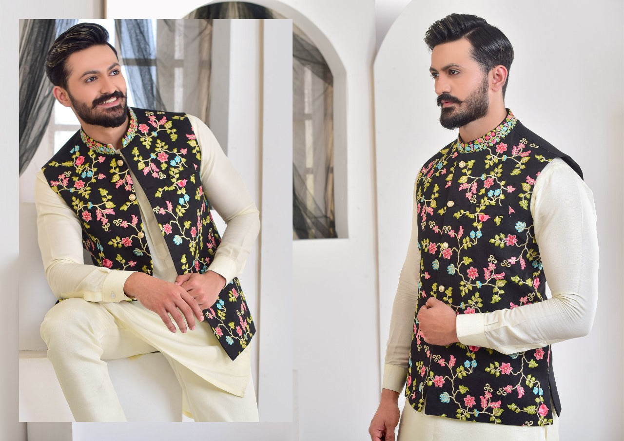 Black Multi-Colour Embroidered Cotton-Blend Waistcoat (3-Piece) - Image 3