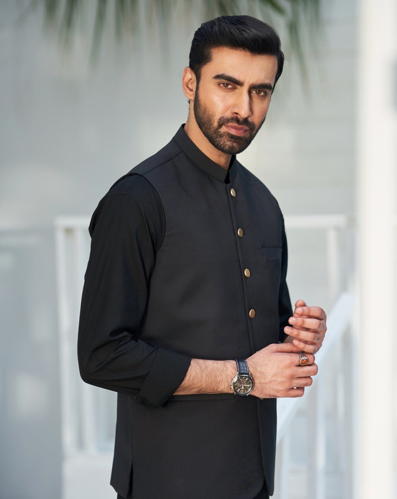 Black Blended Waistcoat Kurta 3-Piece - Image 3