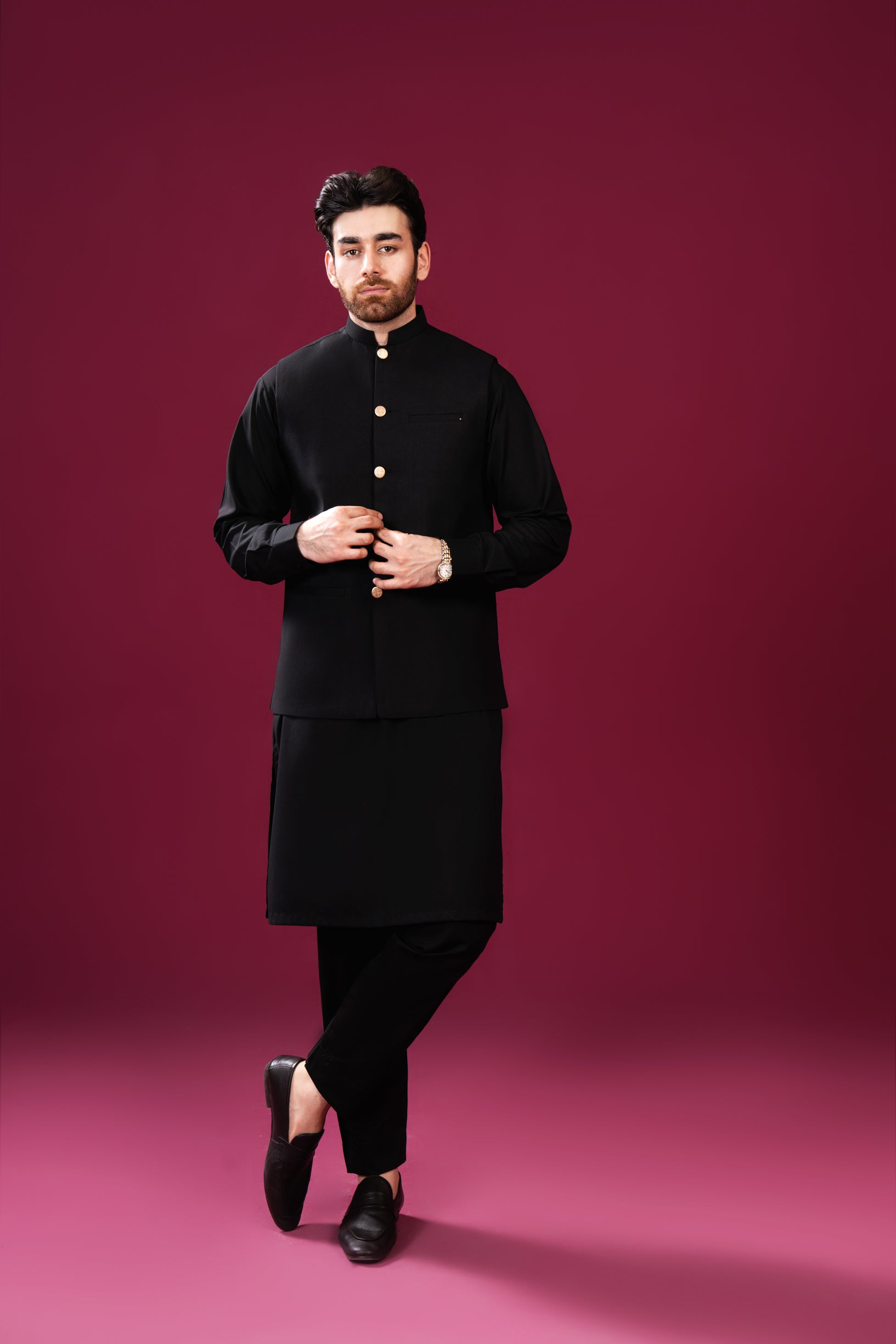 Black Blended Fabric Waistcoat Kurta Set (3-Piece) - Image 1