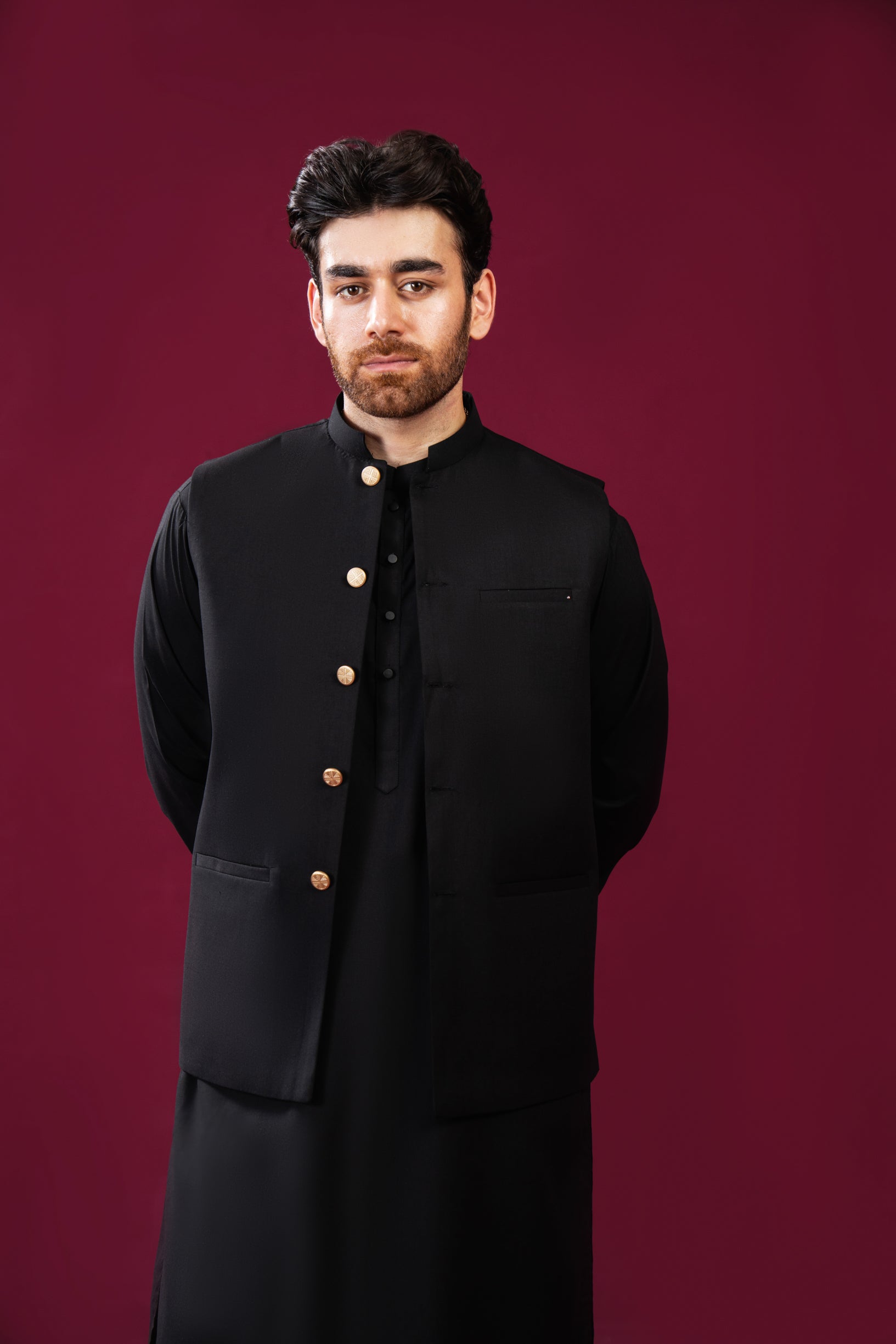 Black Blended Fabric Waistcoat Kurta Set (3-Piece) - Image 3