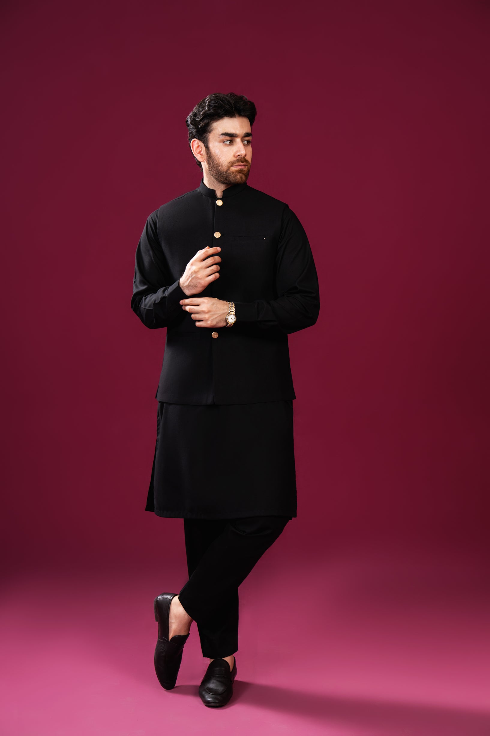 Black Blended Fabric Waistcoat Kurta Set (3-Piece) - Image 4