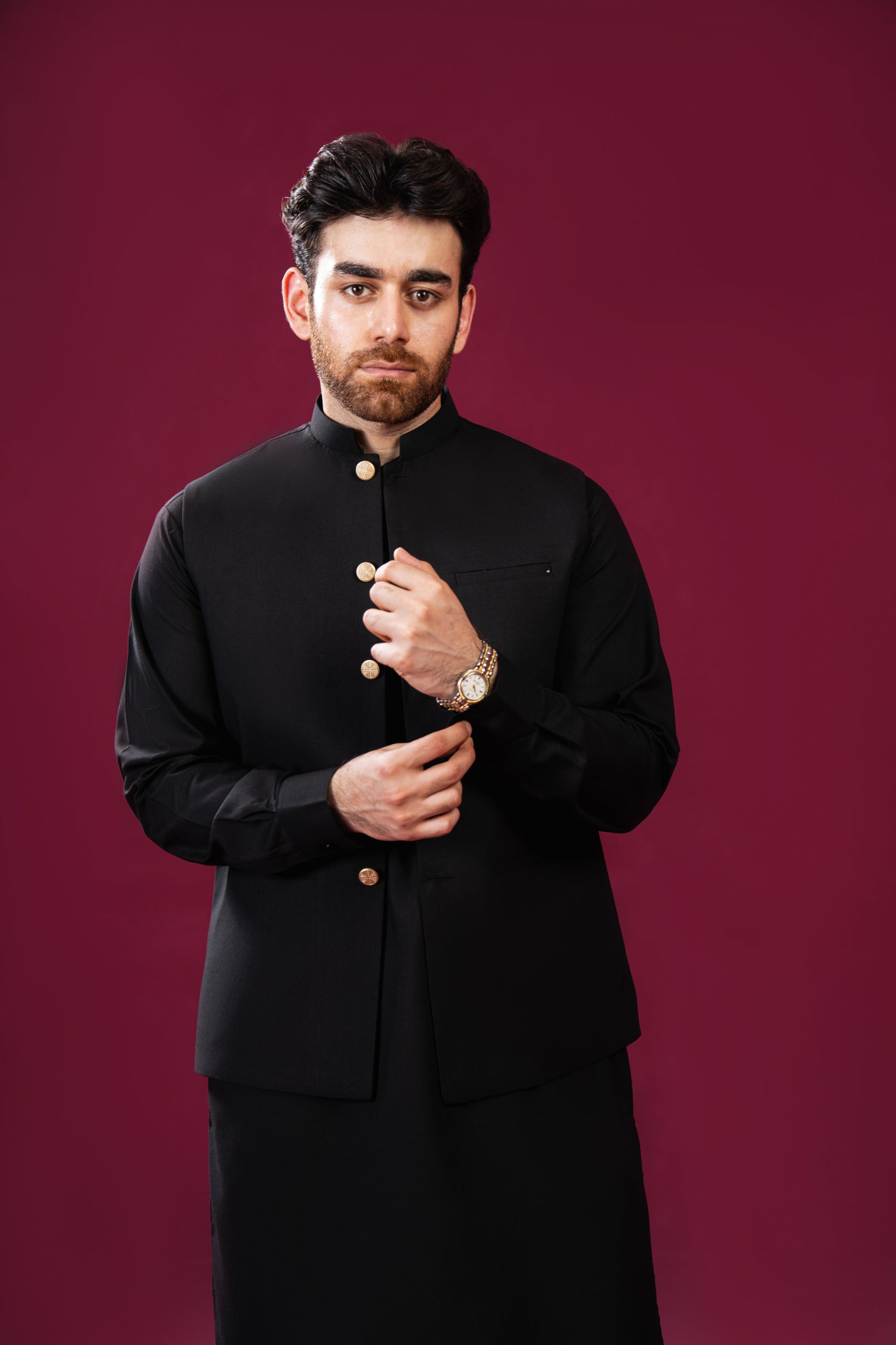 Black Blended Fabric Waistcoat Kurta Set (3-Piece) - Image 5