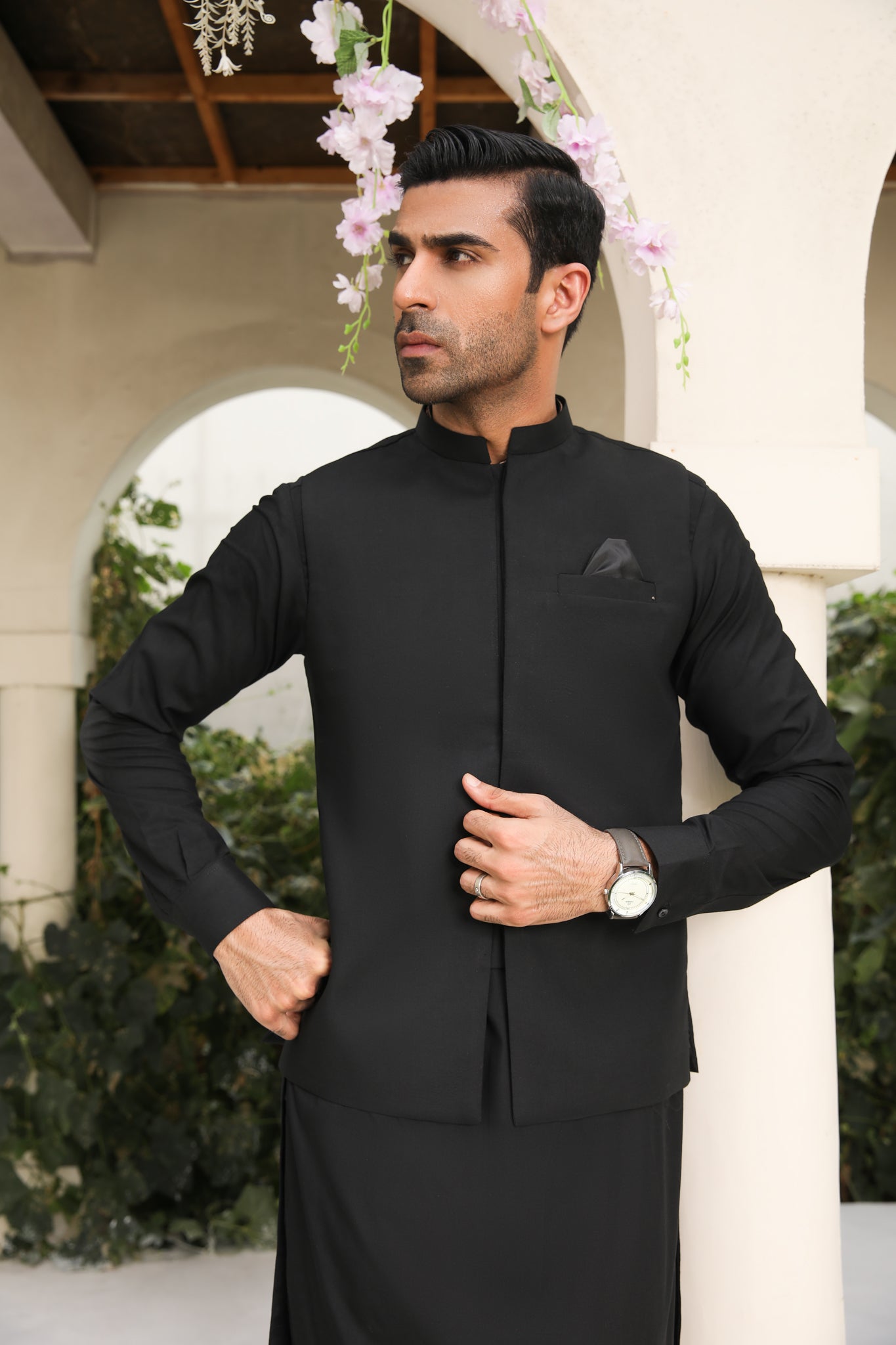 Midnight Black Blended Straight-Cut Waistcoat Kurta (3-Piece) - Image 2