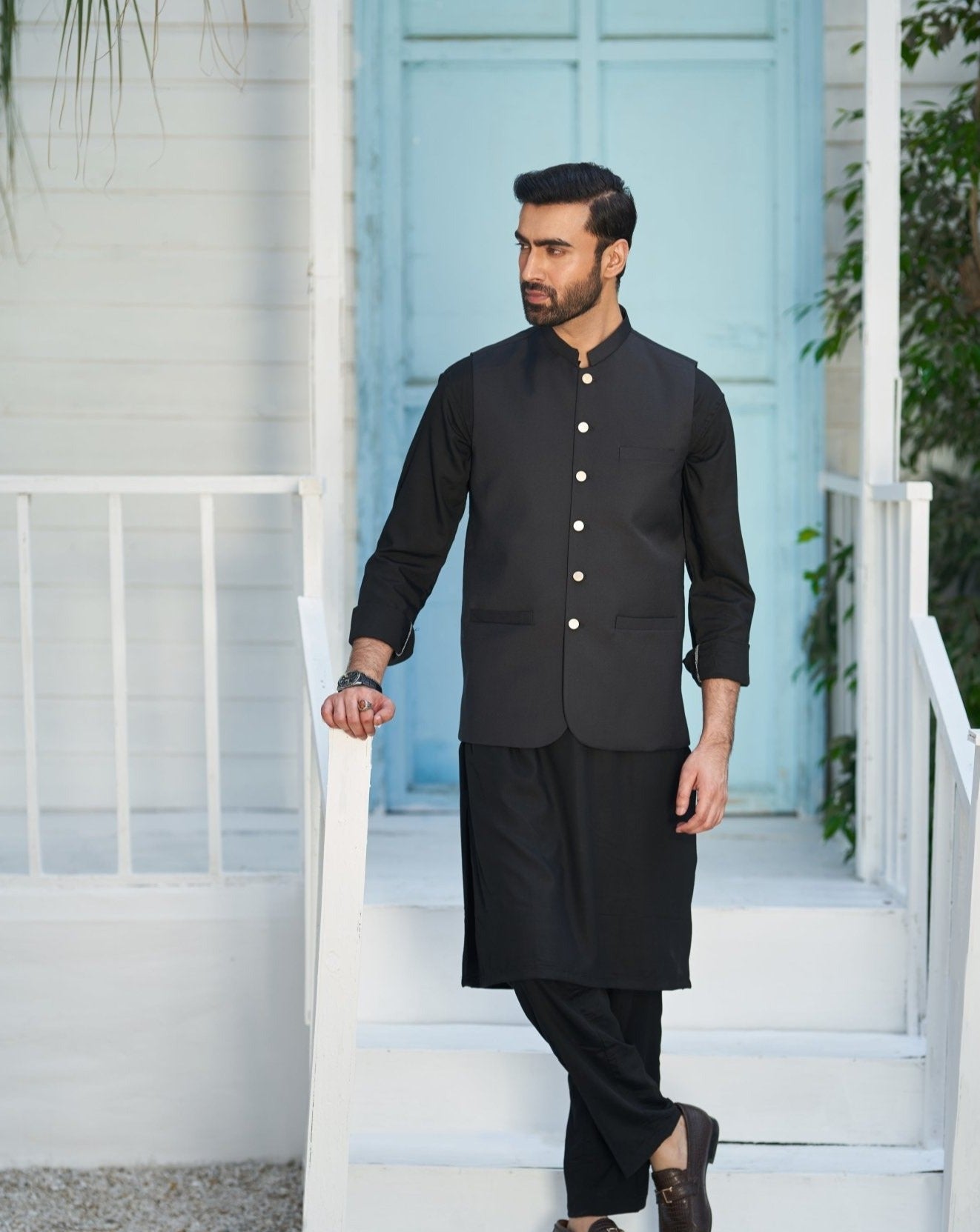 Black Blended Kurta Trouser with Waistcoat (3-Piece) - Image 5