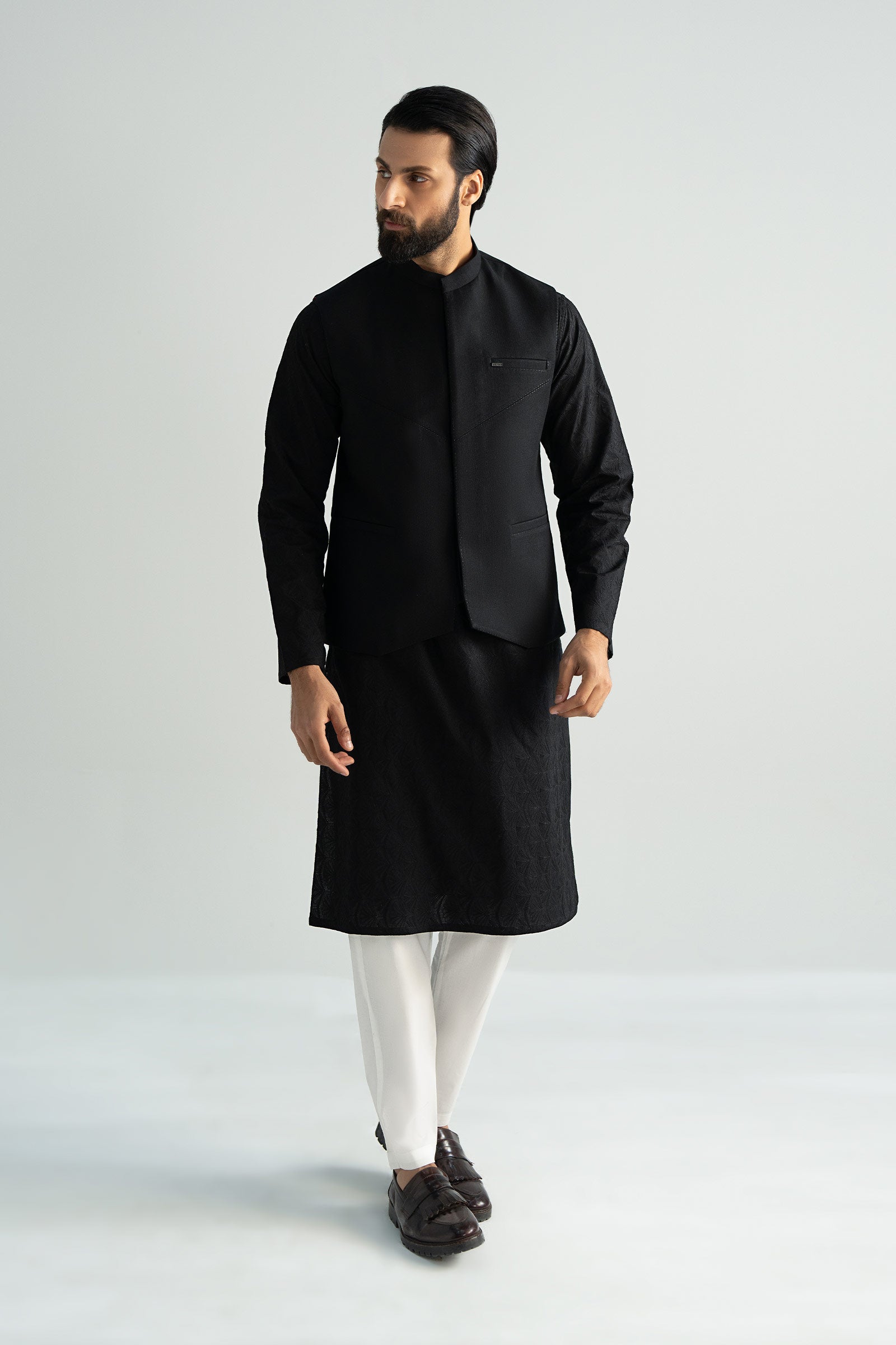 Black Cut-and-Sew Blended Tropical Waistcoat Kurta (3-Piece) - Image 1
