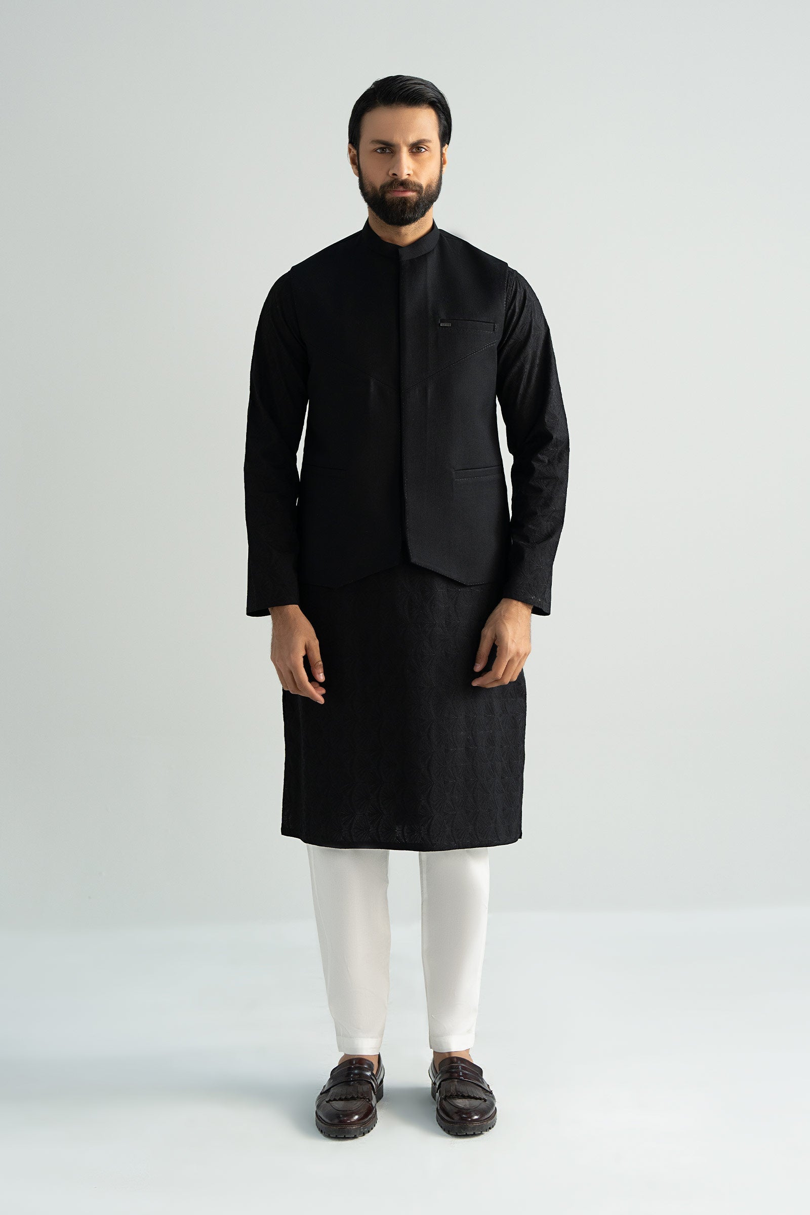 Black Cut-and-Sew Blended Tropical Waistcoat Kurta (3-Piece) - Image 3