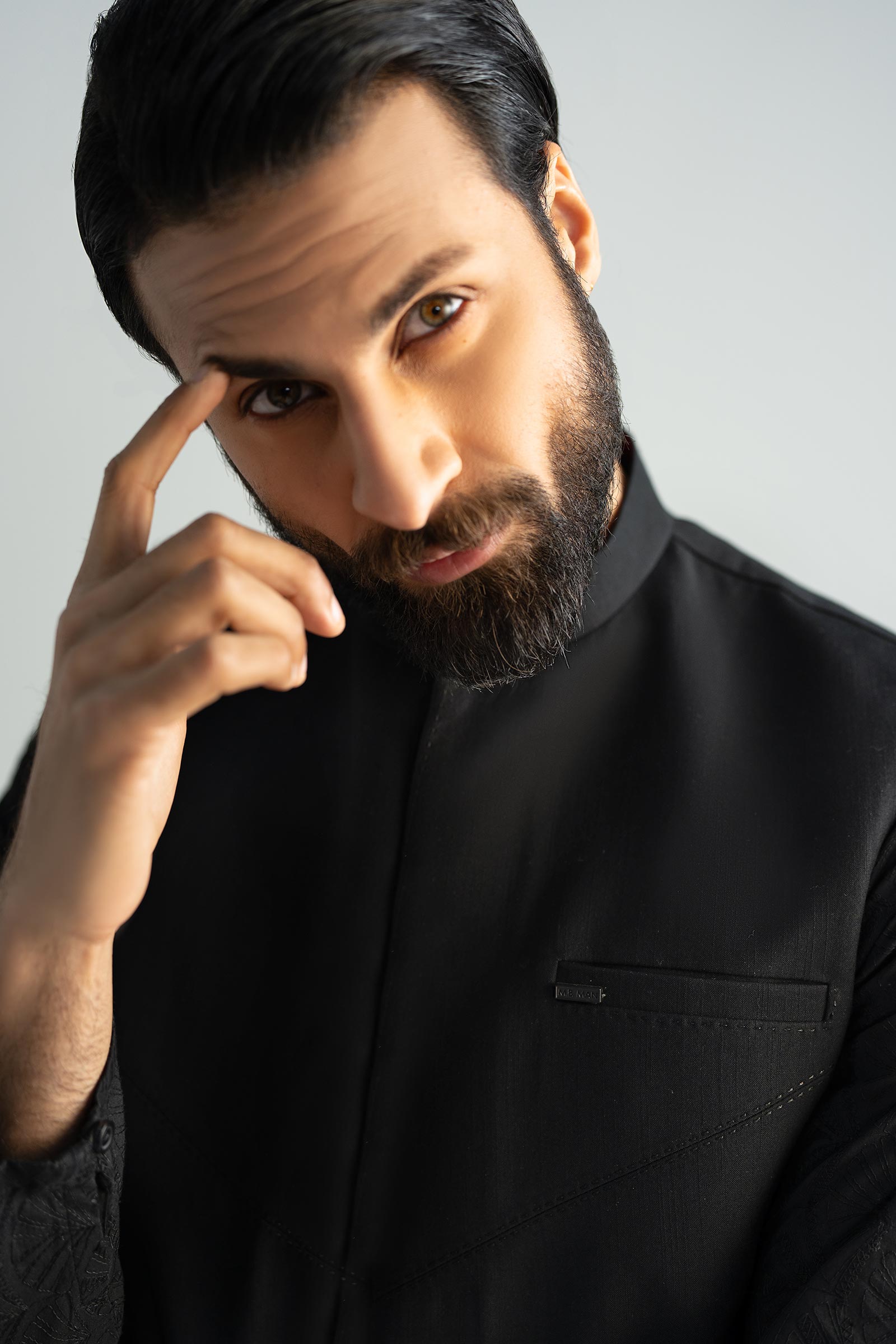 Black Cut-and-Sew Blended Tropical Waistcoat Kurta (3-Piece) - Image 4