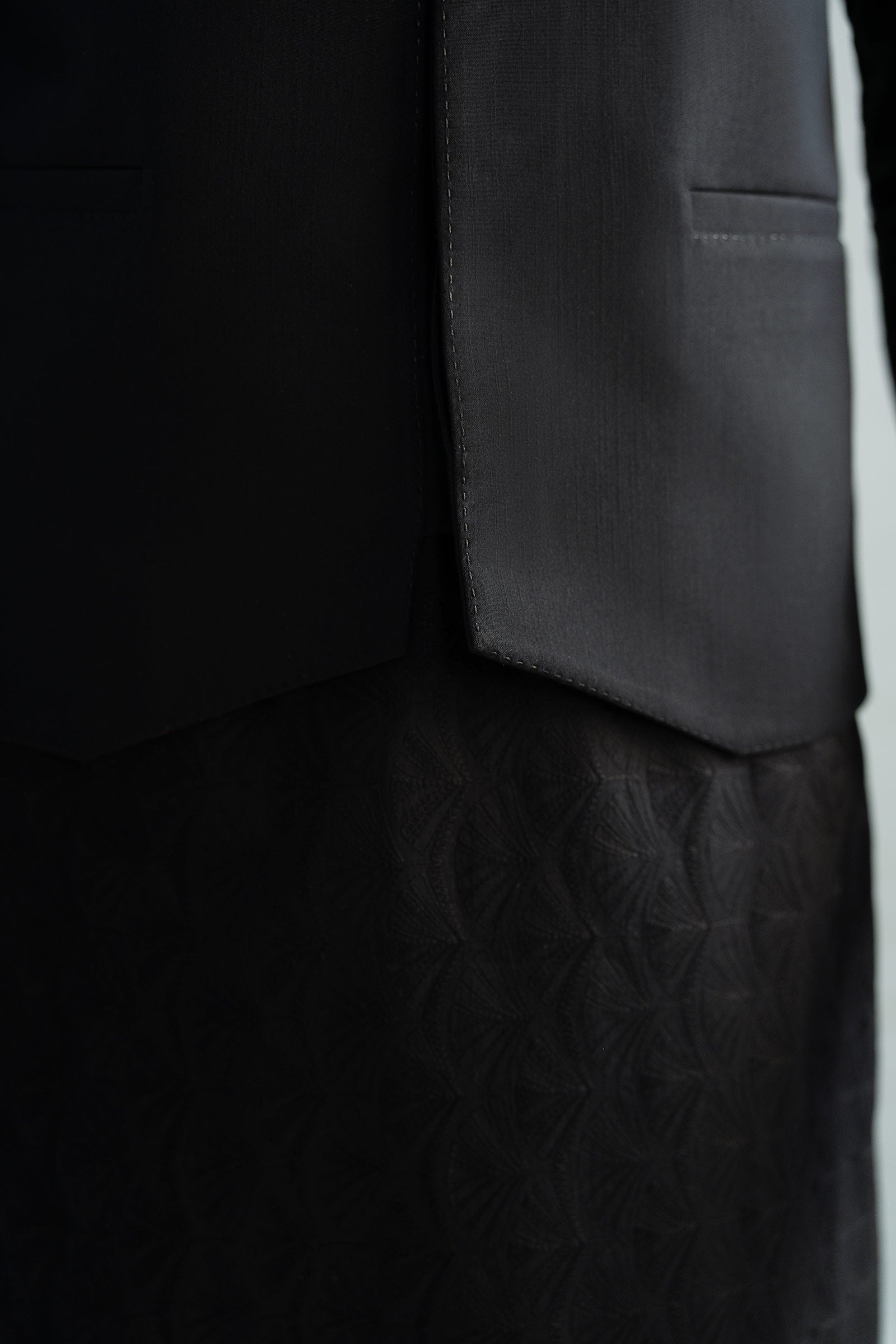 Black Cut-and-Sew Blended Tropical Waistcoat Kurta (3-Piece) - Image 6