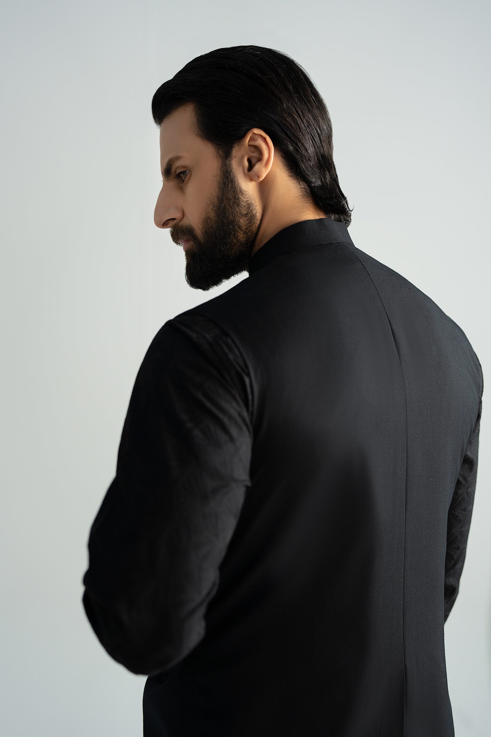 Black Cut-and-Sew Blended Tropical Waistcoat Kurta (3-Piece) - Image 7