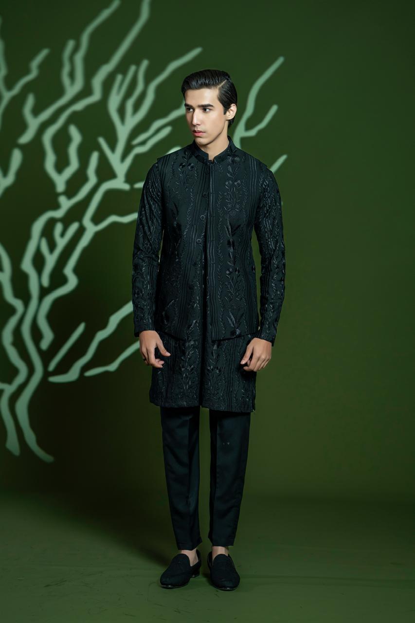 Black Embroidered Blended Waistcoat Kurta Set (3-Piece) - Image 1