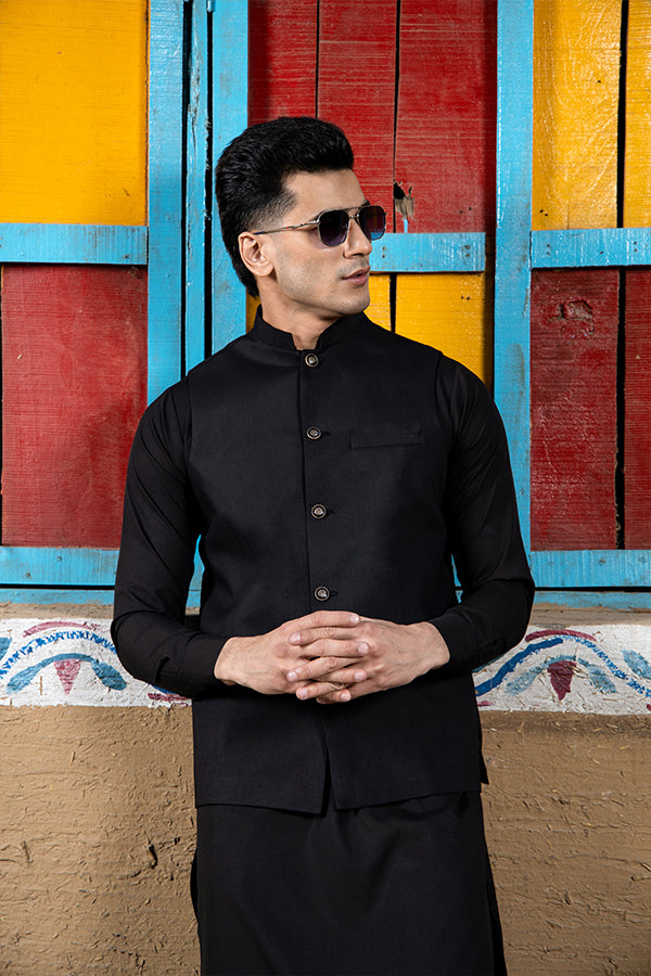 Black Boski Waistcoat Kurta 3-Piece Set - Image 2