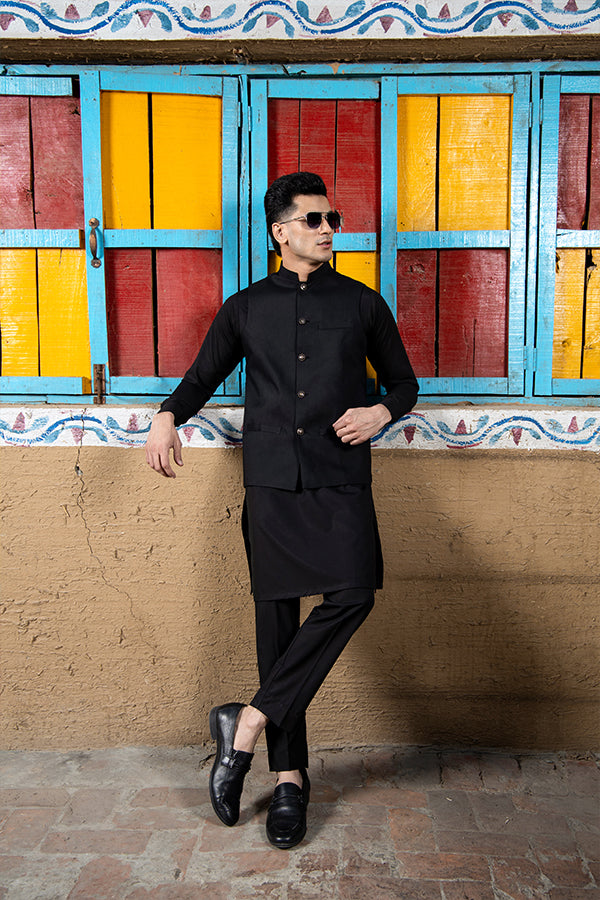 Black Boski Waistcoat Kurta 3-Piece - Image 3