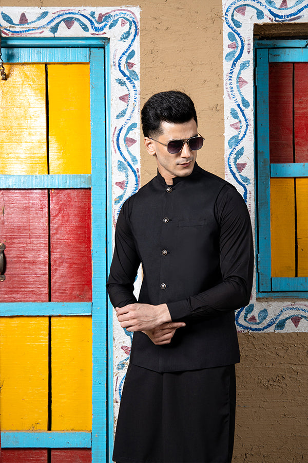 Black Boski Waistcoat Kurta 3-Piece - Image 5