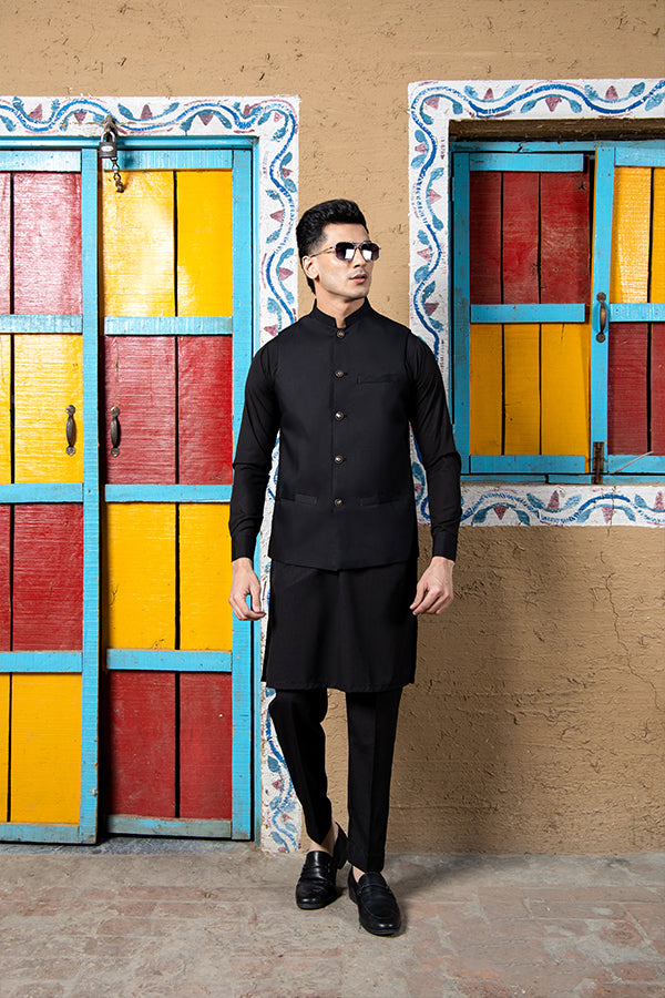 Black Boski Waistcoat Kurta Trousers (3-Piece) - Image 4