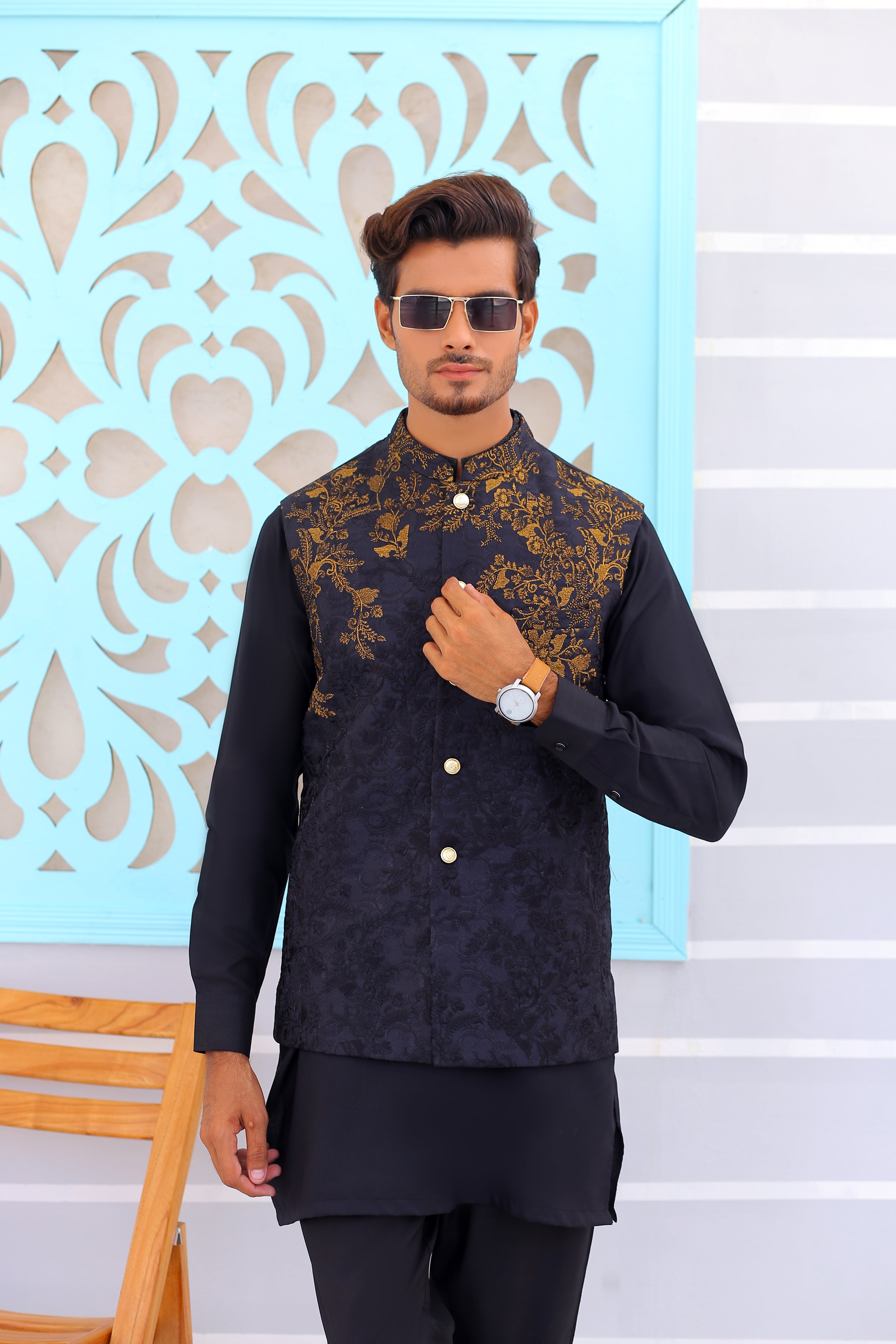 Black Copper Embroidered Jacquard Waistcoat (3-Piece) - Image 4