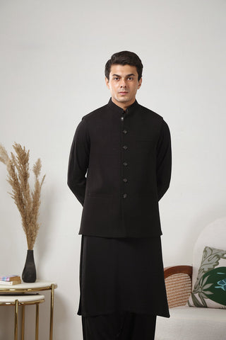 Black Warm Cotton Waistcoat Kurta Set (3-Piece) - Image 2