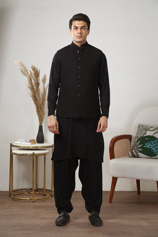 Black Warm Cotton Waistcoat Kurta Set (3-Piece) - Image 4