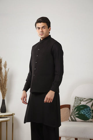 Black Warm Cotton Waistcoat Kurta Set (3-Piece) - Image 5