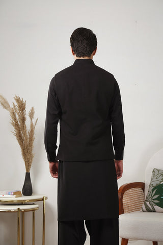 Black Warm Cotton Waistcoat Kurta Set (3-Piece) - Image 6