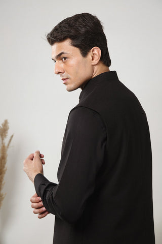 Black Warm Cotton Waistcoat Kurta Set (3-Piece) - Image 7