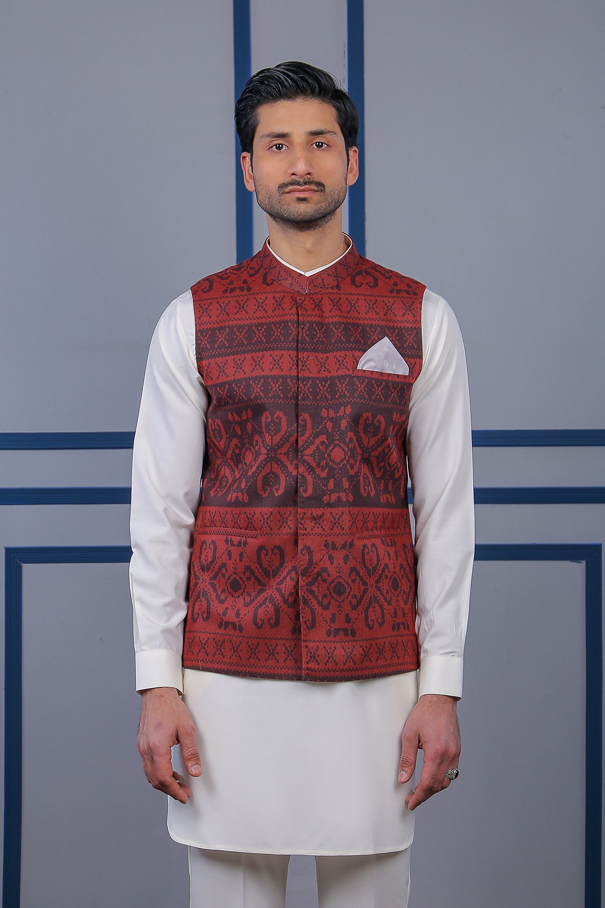 Black & Maroon Self-Print Waistcoat Kurta (3-Piece) - Image 1