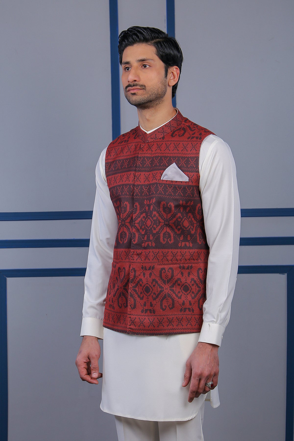 Black & Maroon Self-Print Waistcoat Kurta (3-Piece) - Image 2