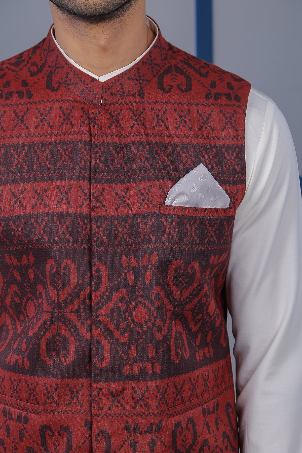 Black & Maroon Self-Print Waistcoat Kurta (3-Piece) - Image 3