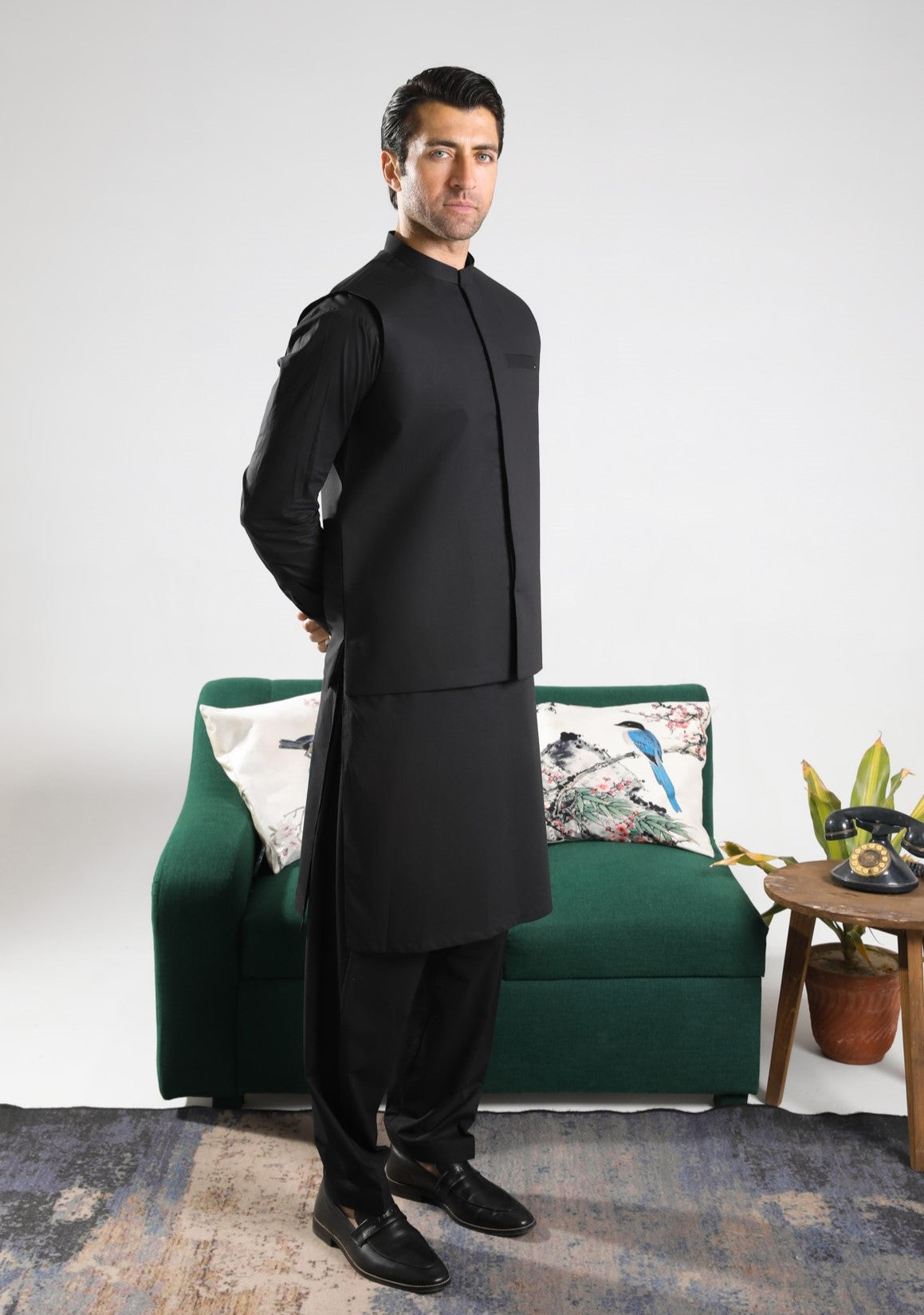 Black Cotton Waistcoat Kurta Shalwar (3-Piece) - Image 1