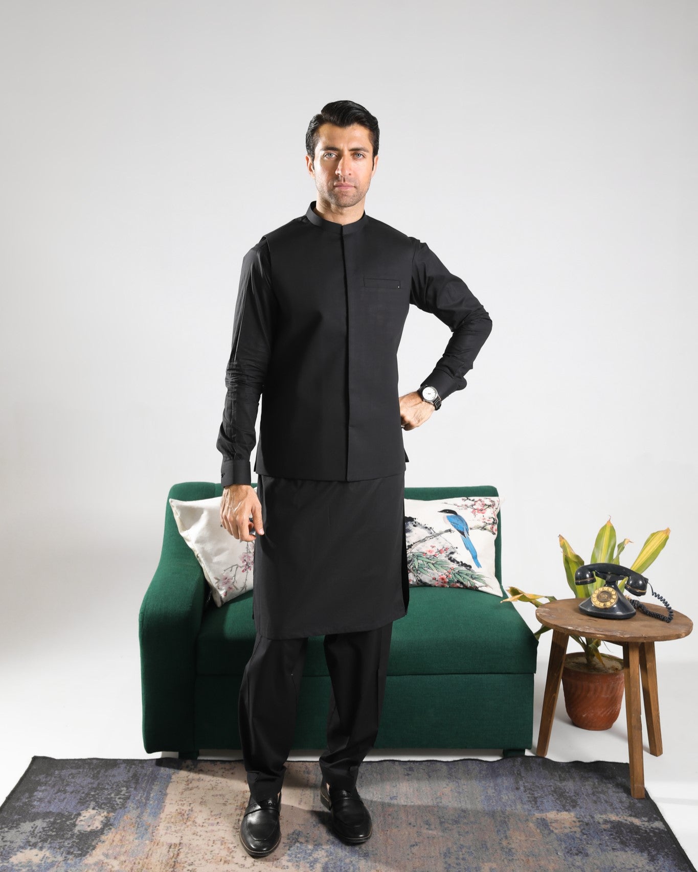 Black Cotton Waistcoat Kurta Shalwar (3-Piece) - Image 2