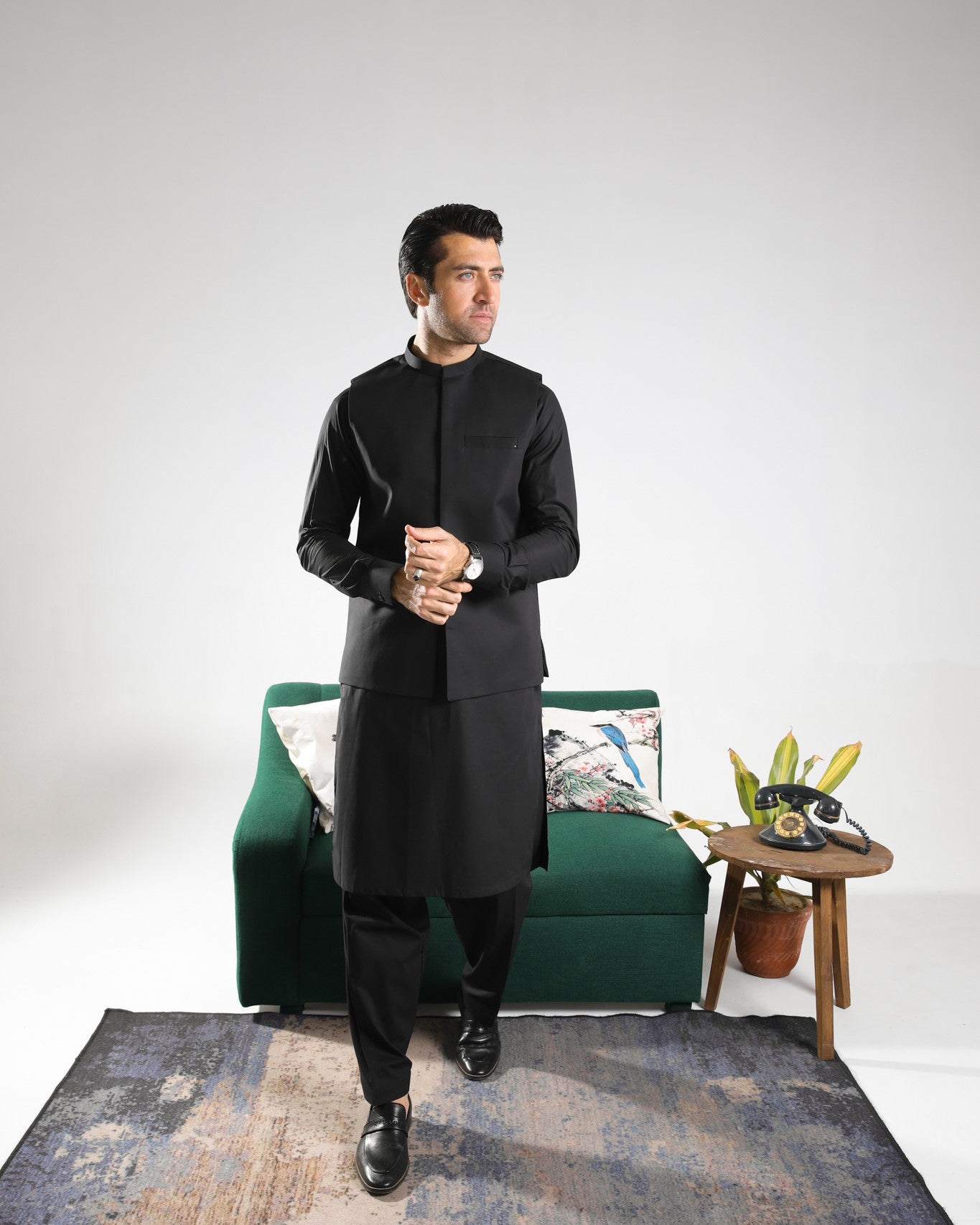 Black Cotton Waistcoat Kurta Shalwar (3-Piece) - Image 5