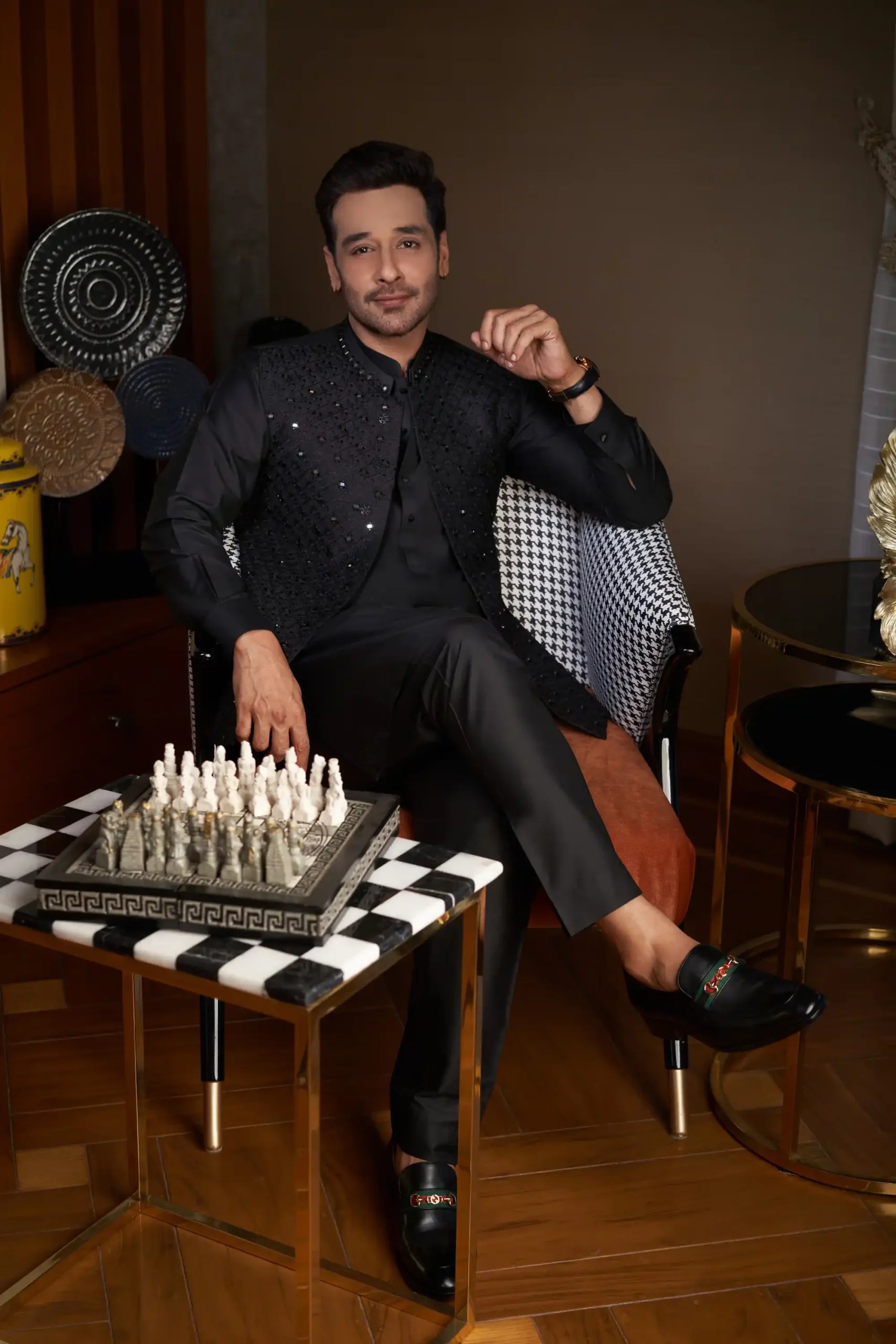 Black Chikankari Mirror Work Cotton Silk Waistcoat Kurta (3-Piece) - Image 2