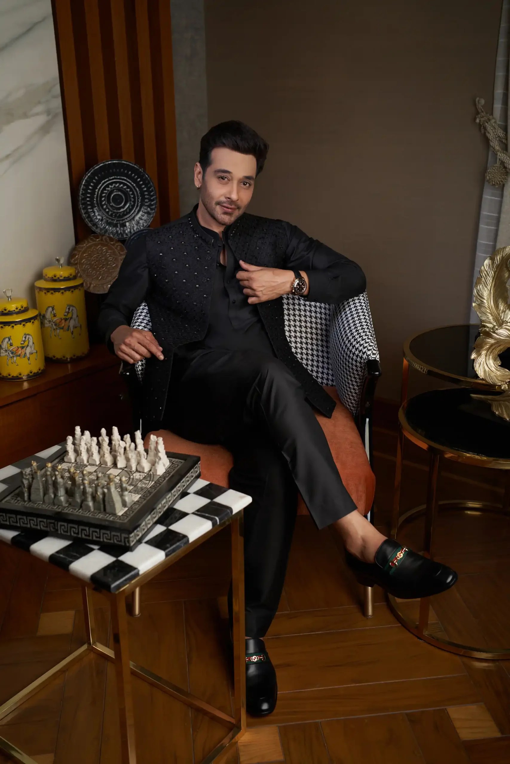 Black Chikankari Mirror Work Cotton Silk Waistcoat Kurta (3-Piece) - Image 3