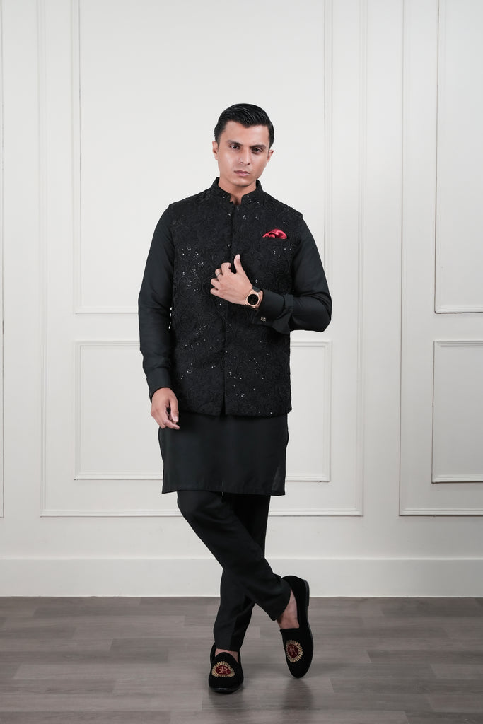 Black Embroidered Cotton Silk Waistcoat Kurta Set (3-Piece) - Image 1