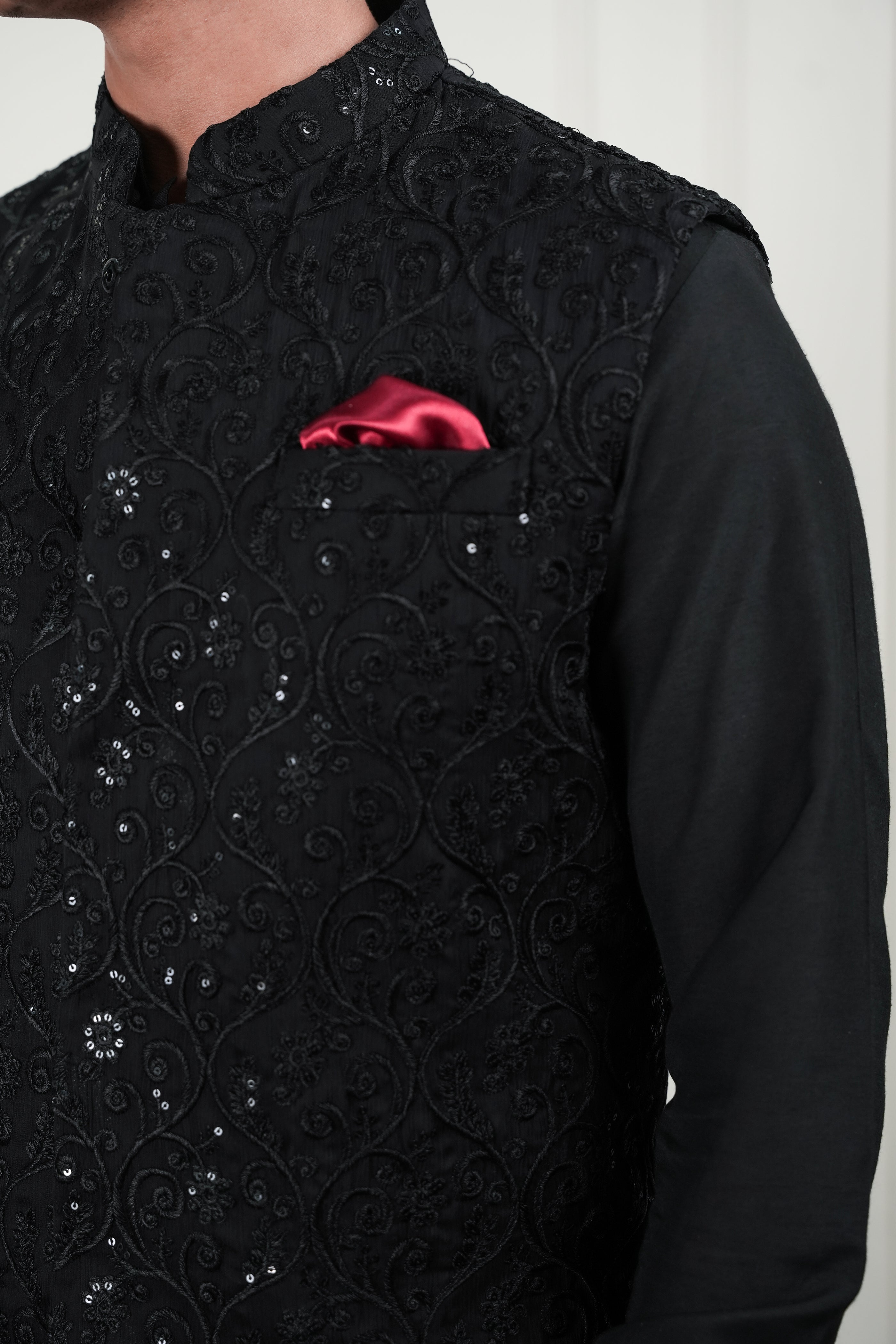 Black Embroidered Cotton Silk Waistcoat Kurta Set (3-Piece) - Image 5