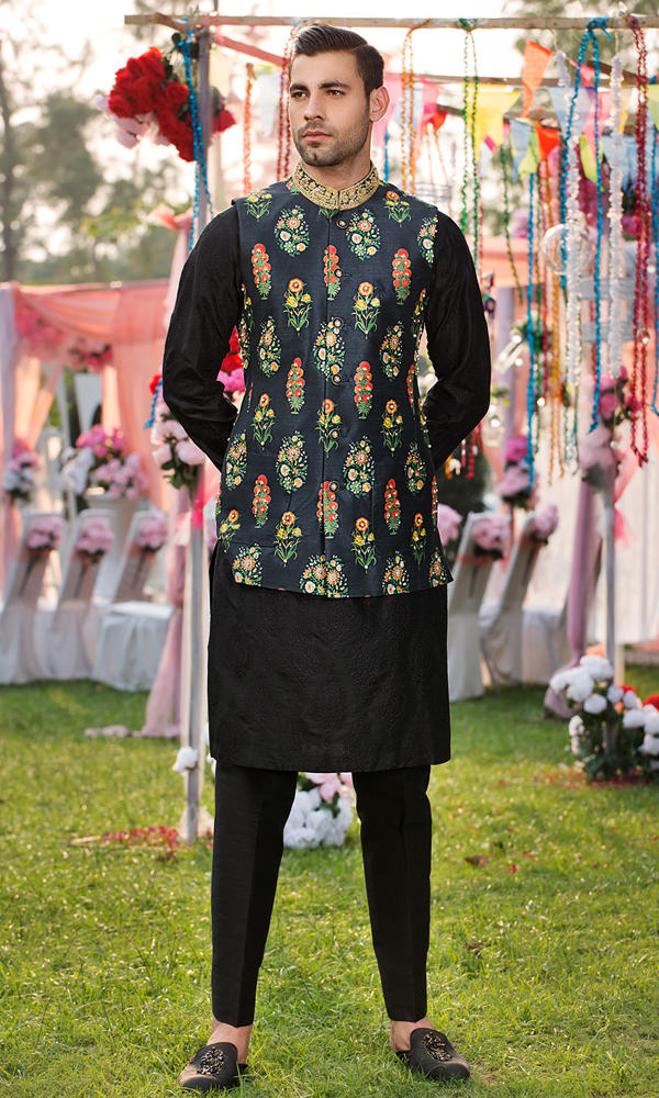 Jet Black Self-Embroidered Cotton-Silk Waistcoat Kurta (3-Piece) - Image 2