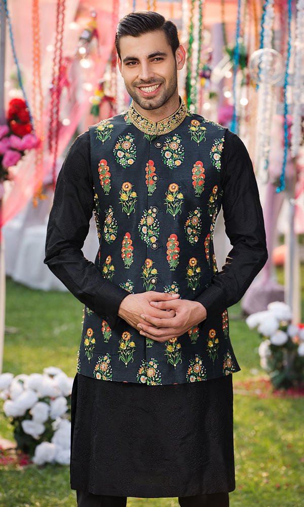 Jet Black Self-Embroidered Cotton-Silk Waistcoat Kurta (3-Piece) - Image 3