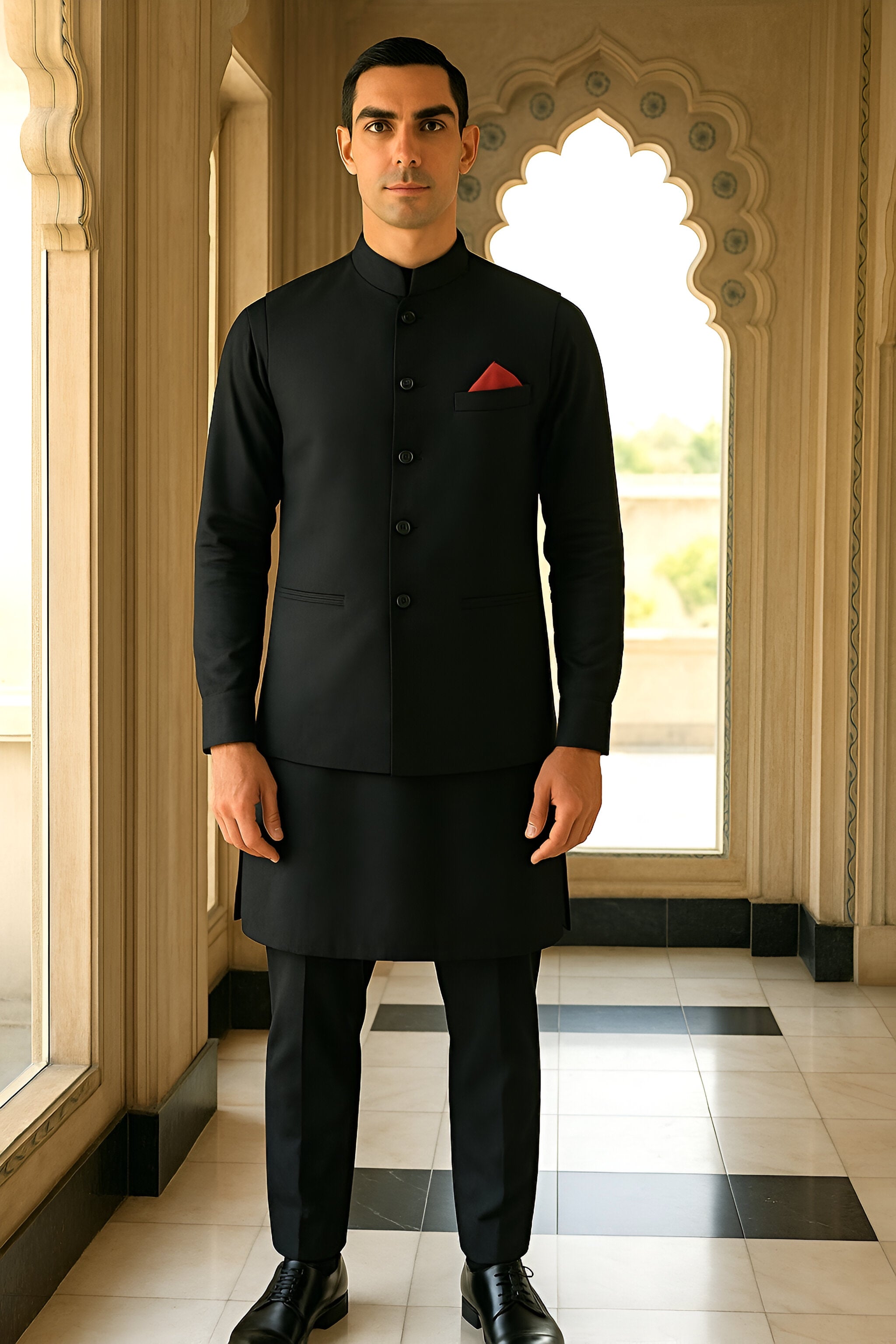 Black Cotton Silk Waistcoat Kurta Set (3-Piece) - Image 3
