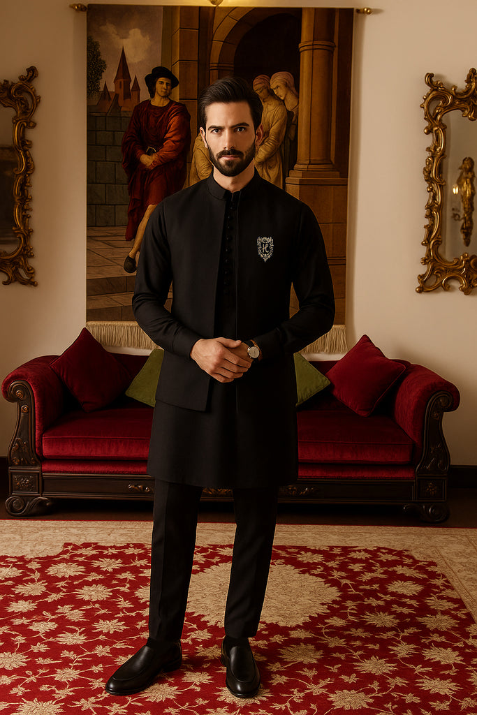 Black Embroidered Cotton-Silk Waistcoat Kurta Set (3-Piece) - Image 1