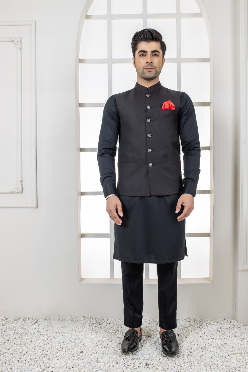 Black Cotton Waistcoat with Mandarin Collar (3-Piece) - Image 1